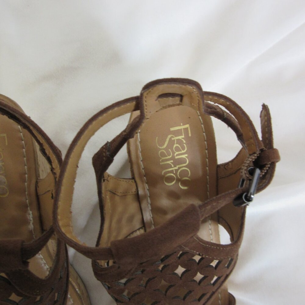 Franco Sarto Cameron Ankle Strap Sandals Wedge Brown Leather Laser Cut Size 6 - Picture 4 of 11